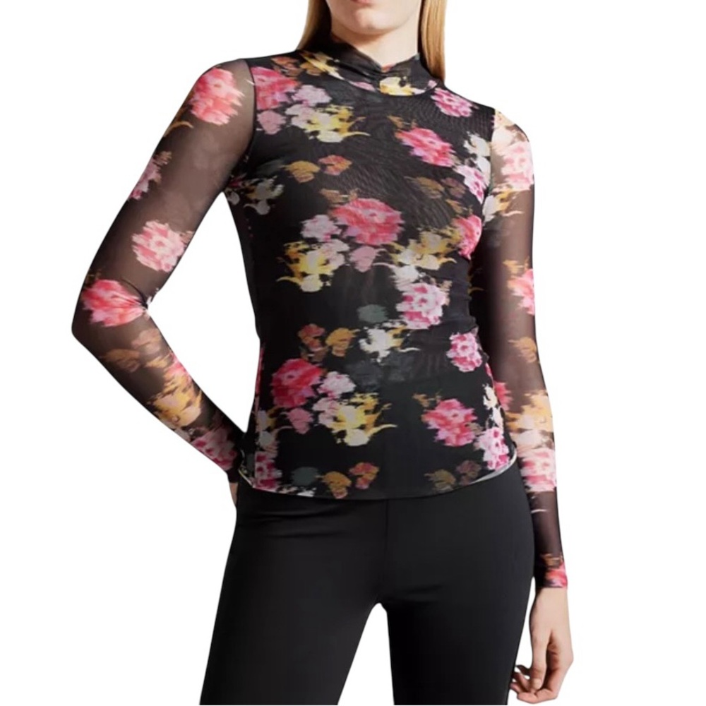 Ted Baker London Malyel Floral Mesh Mock Neck Sheer Top NWT Sz 1 US 4
